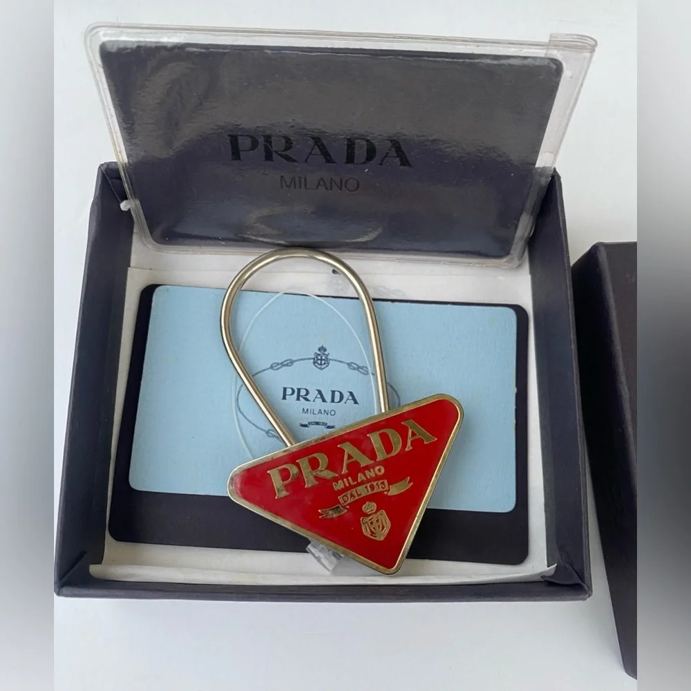 Prada Enameled Metal Key Ring in Red/Gold Triangle Unisex Key Holder